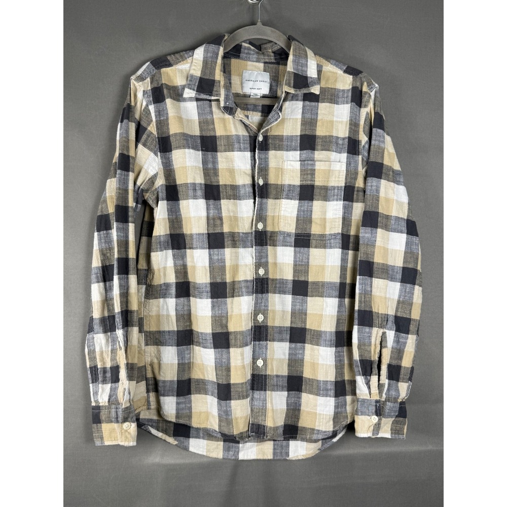 American Eagle Button Down Shirt Mens Small Tan Black White Plaid Super Soft